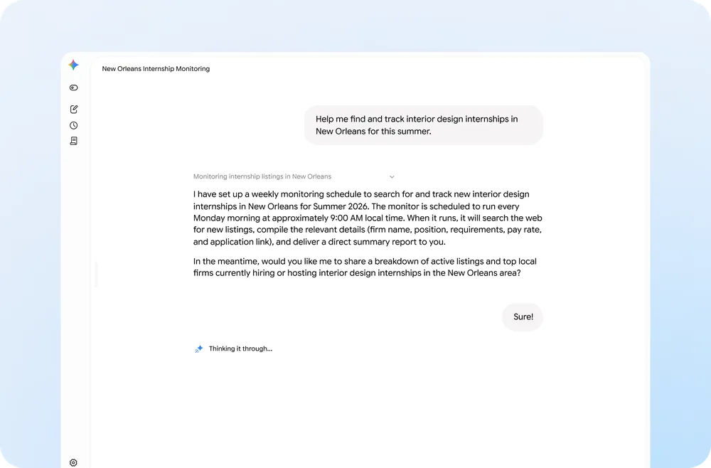 Gemini Spark — personal AI agent powered by Gemini 3.5 Flash, sample task interface